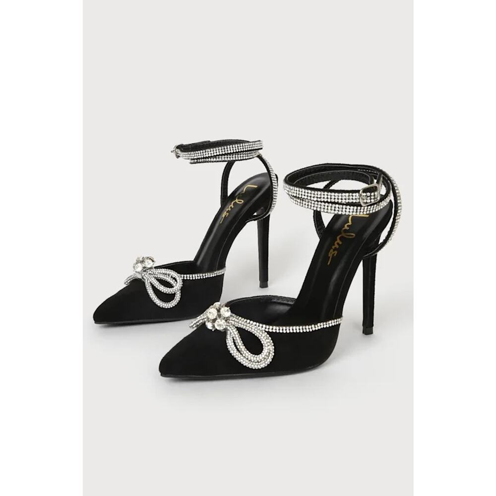NWOT Lulus Lullie Black Suede Rhinestone Ankle Strap Pointed-Toe Pumps Black 10